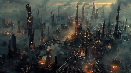 Fototapeta premium Industrial landscape featuring oil refineries and chemical plants, with a focus on the intricate network of pipelines and tanks with this inviting photo.