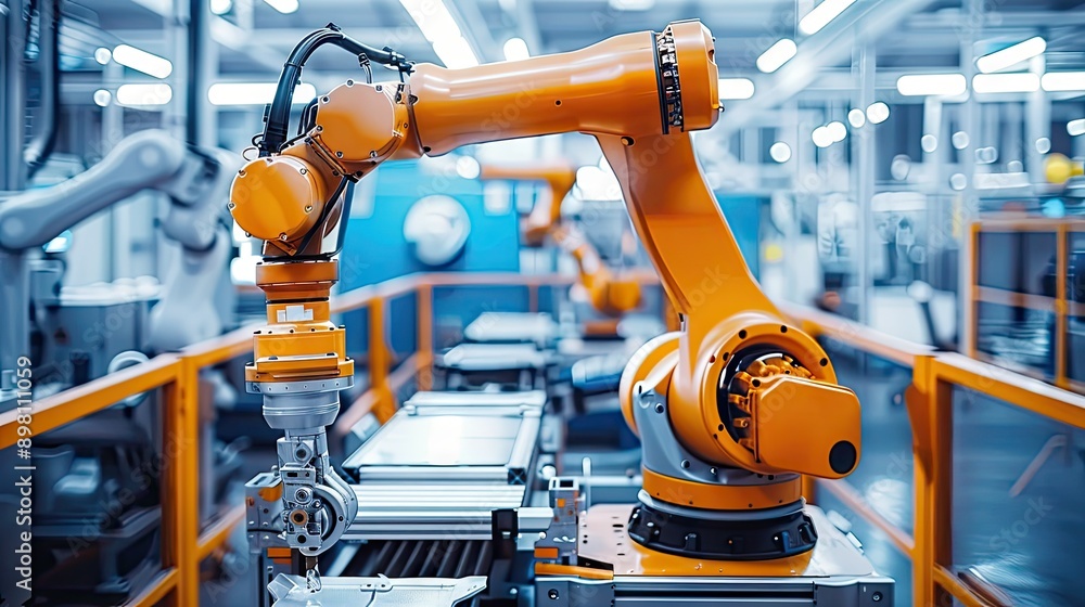 Poster mechanized industry robot arm in action, demonstrating its role in improving productivity and precis