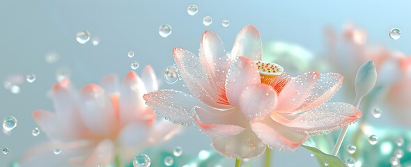 Fototapeta premium white and pink lotus and lotus leaves with water drops, decoration scenery, mist, light green, white romantic color background, wallpaper