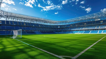 Modern football stadium with a pristine green field and football goals, showcasing the beauty of the sport with this inviting photo.