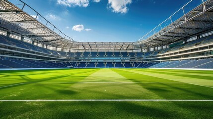 Modern football stadium with a pristine green field and football goals, showcasing the beauty of the sport with this inviting photo.