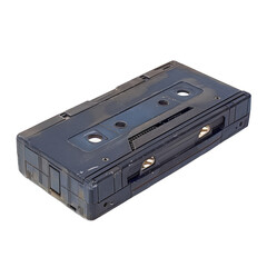 Obraz premium A black cassette tape is laying on a white background