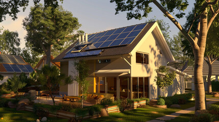 Naklejka premium A modern house equipped with solar panels on the roof, showcasing sustainable living and renewable energy integration in residential architecture. 