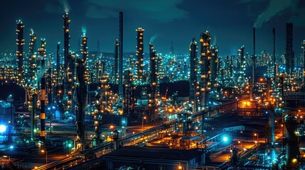 Fototapeta premium Night view of oil refineries and chemical plants illuminated in an industrial area, showcasing the vibrant lights and machinery with this inviting photo.