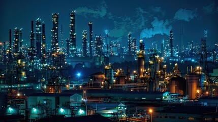 Fototapeta premium Night view of oil refineries and chemical plants illuminated in an industrial area, showcasing the vibrant lights and machinery with this inviting photo.