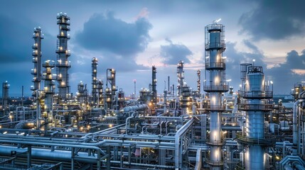 Fototapeta premium Oil refineries and chemical plants with complex machinery and towering stacks, set in a bustling industrial area with this inviting photo.