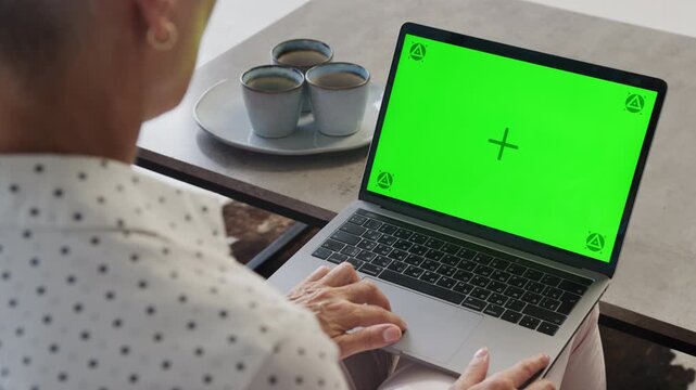 Person Using Laptop with Green Screen at Home