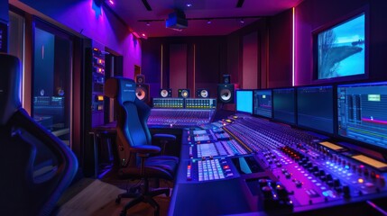 digital music lab where sound engineers and musicians collaborate using state-of-the-art recording equipment and software