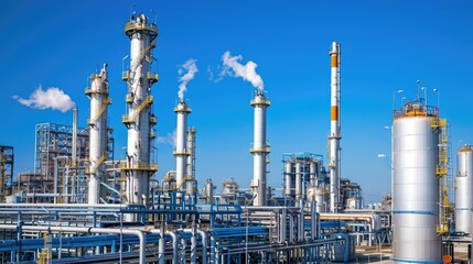 Fototapeta premium Oil refineries and chemical plants with towering chimneys and storage tanks, set against a clear blue sky in an industrial area with this inviting photo.