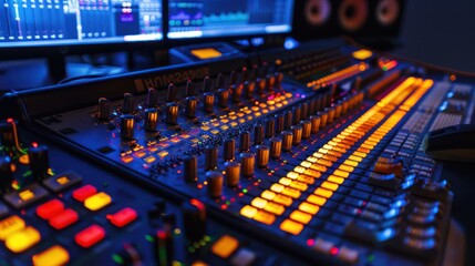 Fototapeta premium digital music production studio where producers and artists collaborate using digital mixing consoles and virtual instruments