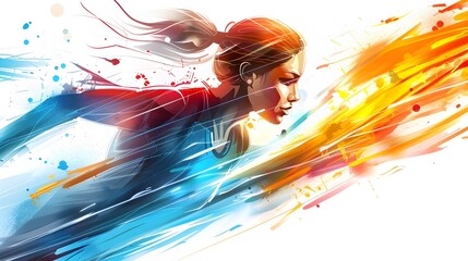 Vibrant Colorful Silhouette of Athletic Woman Running with Kinetic Energy Flowing Around Her