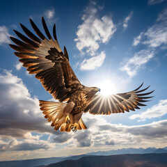 Obraz premium Majestic Eagle Soaring High in the Clear Blue Sky : A Display of Freedom and Dominance