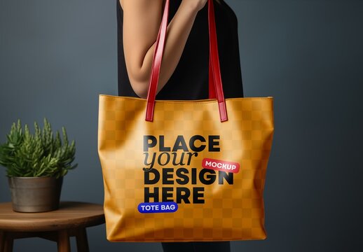 Tote Bag Mockup with Red Handles &ndash; Realistic Shopping or Fashion Branding Scene on Arm
