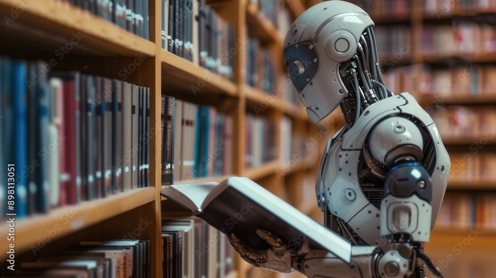 Poster a robotic figure in a library, immersed in a book, surrounded by towering shelves of literature. gen