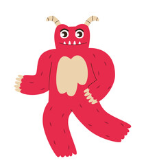 Red monster with fangs. Funny Halloween character.