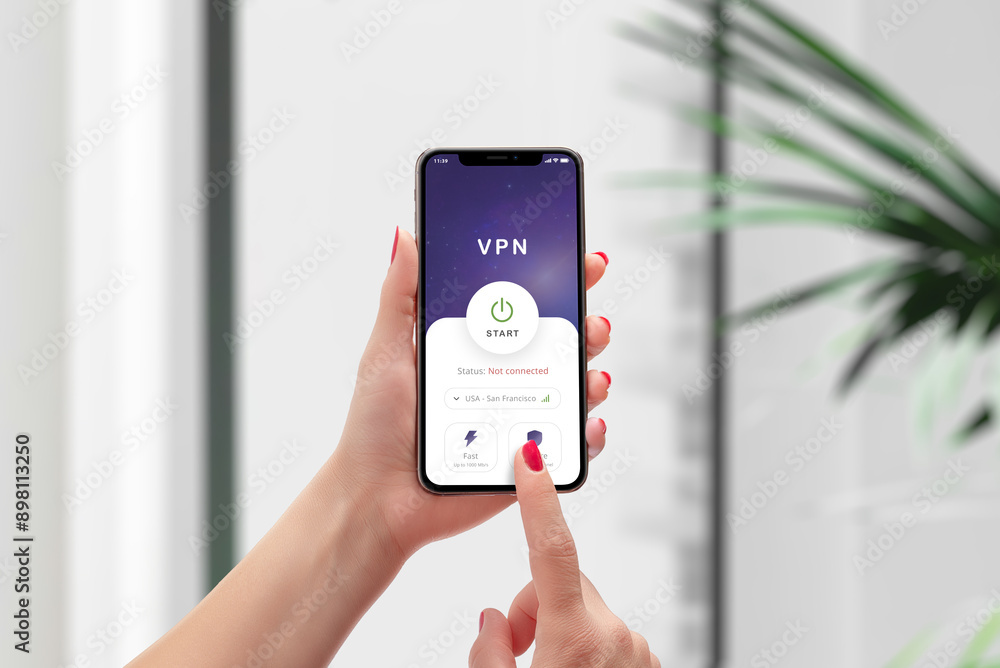 Aufkleber Starting a VPN connection on a smartphone. Emphasizes mobile online security, privacy protection, and secure internet access in a modern digital context