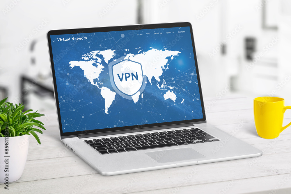 Poster VPN web page service on laptop display displaying a world map with VPN locations. Highlights global network access, online security, and privacy protection