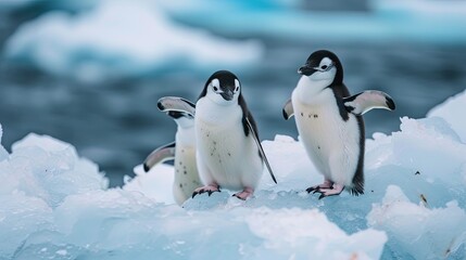 Cute penguins take a walk in the snow