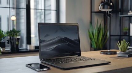 Fototapeta premium A laptop on the desktop, representing a homework business idea 