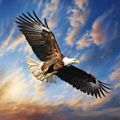 Naklejka premium Majestic Eagle Soaring High in the Clear Blue Sky : A Display of Freedom and Dominance
