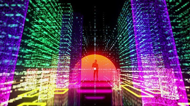Night neon city of glowing particles. Synthwave sun and dancing graceful woman.