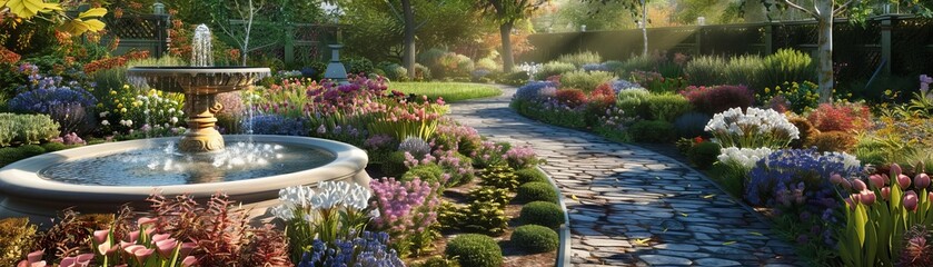 A peaceful garden with blooming flowers, a stone path, and a small fountain