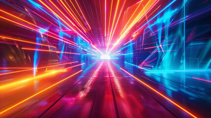 Spectrum of colors with bright orange and blue neon beams and vibrant glowing lines set against a three-dimensional background.