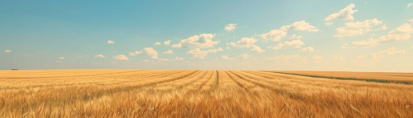 Fototapeta premium Expansive golden wheat field under a clear blue sky with scattered fluffy clouds, capturing the essence of rural agriculture.