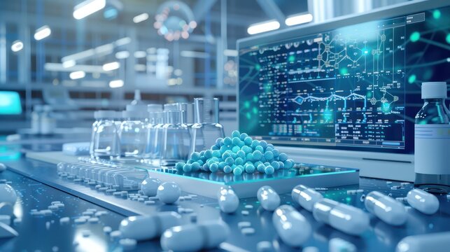 digital pharmaceutical lab where scientists develop new drugs using computer-aided design and molecular simulations