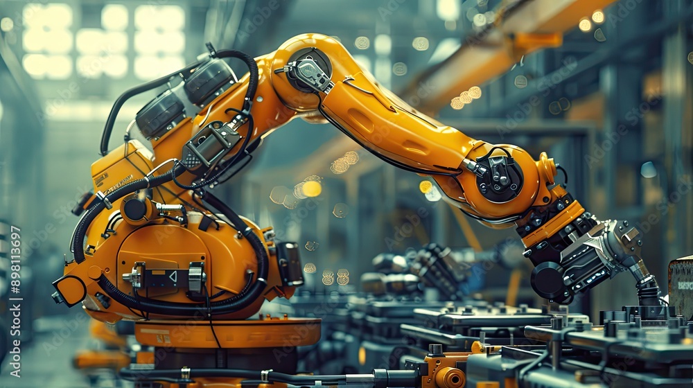 Poster robot arm in a mechanized industrial facility, working on complex tasks with precision and speed, hi