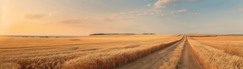 Fototapeta premium Wheat field road at sunset with warm golden light, showcasing the beauty and tranquility of rural agricultural landscapes.