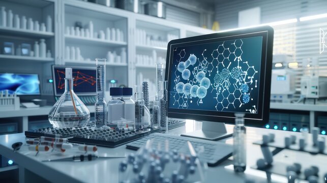 digital pharmaceutical lab where scientists develop new drugs using computer-aided design and molecular simulations