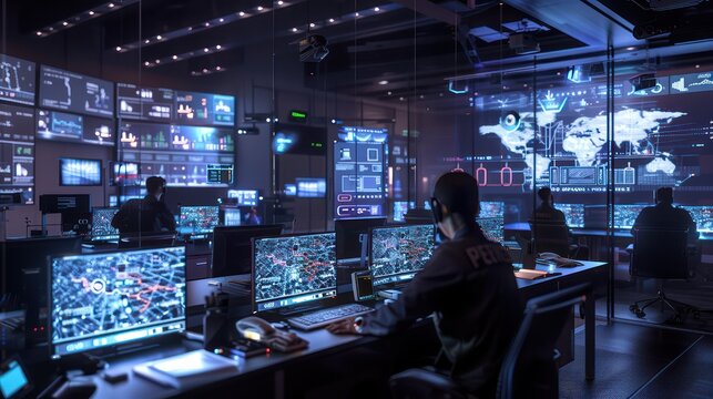 digital public safety command center where officials monitor urban security through a network of connected devices and AI algorithms
