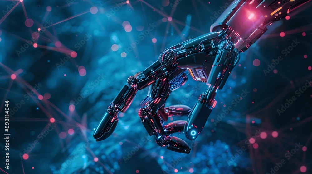 Poster a cybernetic tech firm with robotic r&d labs and neon innovation hubs, blending futuristic design wi