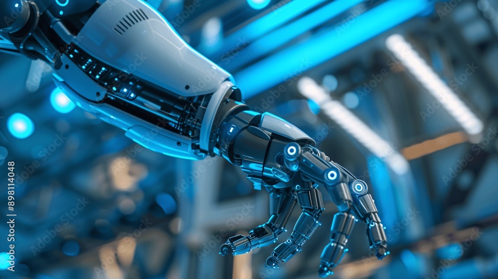 Poster an advanced close-up of an ai robot's hand with human-like features, showcasing intricate and futuri