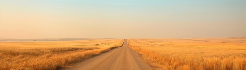Fototapeta premium Golden wheat field with a long dirt road and clear sky, highlighting the serene and expansive beauty of rural agricultural landscapes.