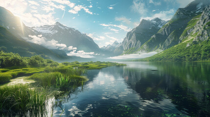 Fototapeta premium Stunning 4K wallpaper featuring a serene mountain lake, capturing its beauty in crisp detail.