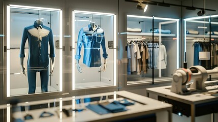 digital tailoring shop where custom clothing is designed using body scanning technology and fabricated with automated sewing machines
