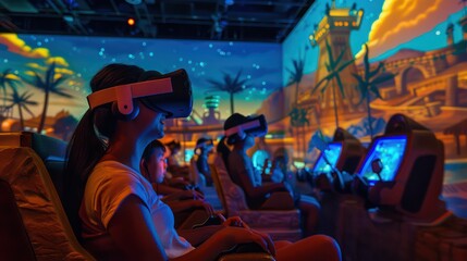 digital theme park where guests experience rides and attractions through virtual reality headsets, complete with real-world motion platforms