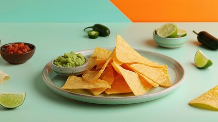 A delicious spread of chips and salsa, nachos with guacamole, and a variety of tasty dips and sauces