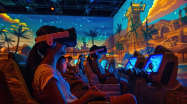 digital theme park where guests experience rides and attractions through virtual reality headsets, complete with real-world motion platforms