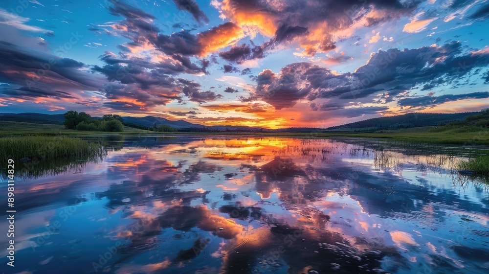 Poster spectacular sunset with colorful clouds reflecting the sun's last light, creating a captivating and 