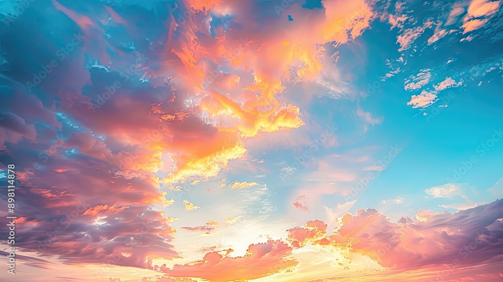 Poster sunset sky adorned with a variety of colorful clouds, creating a dynamic and visually appealing text
