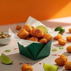 Delicious plate of crispy fried chicken nuggets and wings with dipping sauce, perfect for a tasty snack or meal