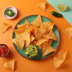 A vibrant plate of nachos topped with guacamole, salsa, and crispy tortilla chips