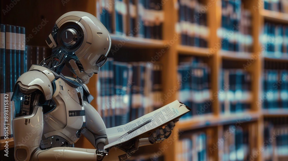 Poster An advanced AI robot reads a document in a library setting. Generative AI