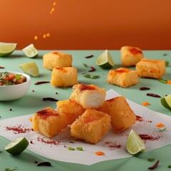 Fried chicken nuggets with salad and sauce
