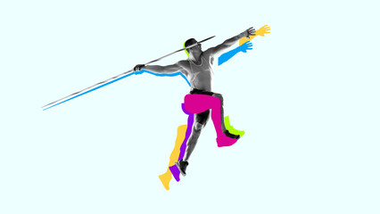 Focused and concentrated man, athlete in motion, throwing javelin, competing on sports track....