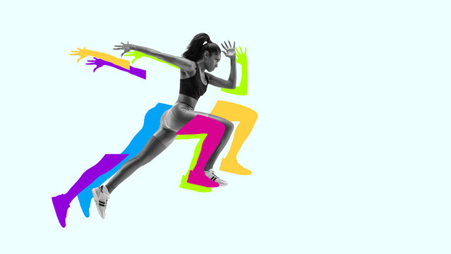 Focused, motivated and determined woman, athlete in full motion, running, competing for victory. Contemporary art collage. Concept of sport, athletics, endurance, speed and energy, competition