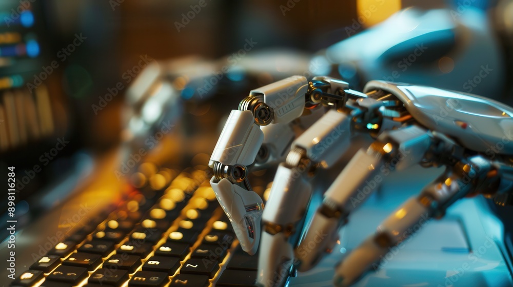 Poster A close-up of a robotic hand hovering above a lit keyboard, suggesting the hand is typing. Generative AI